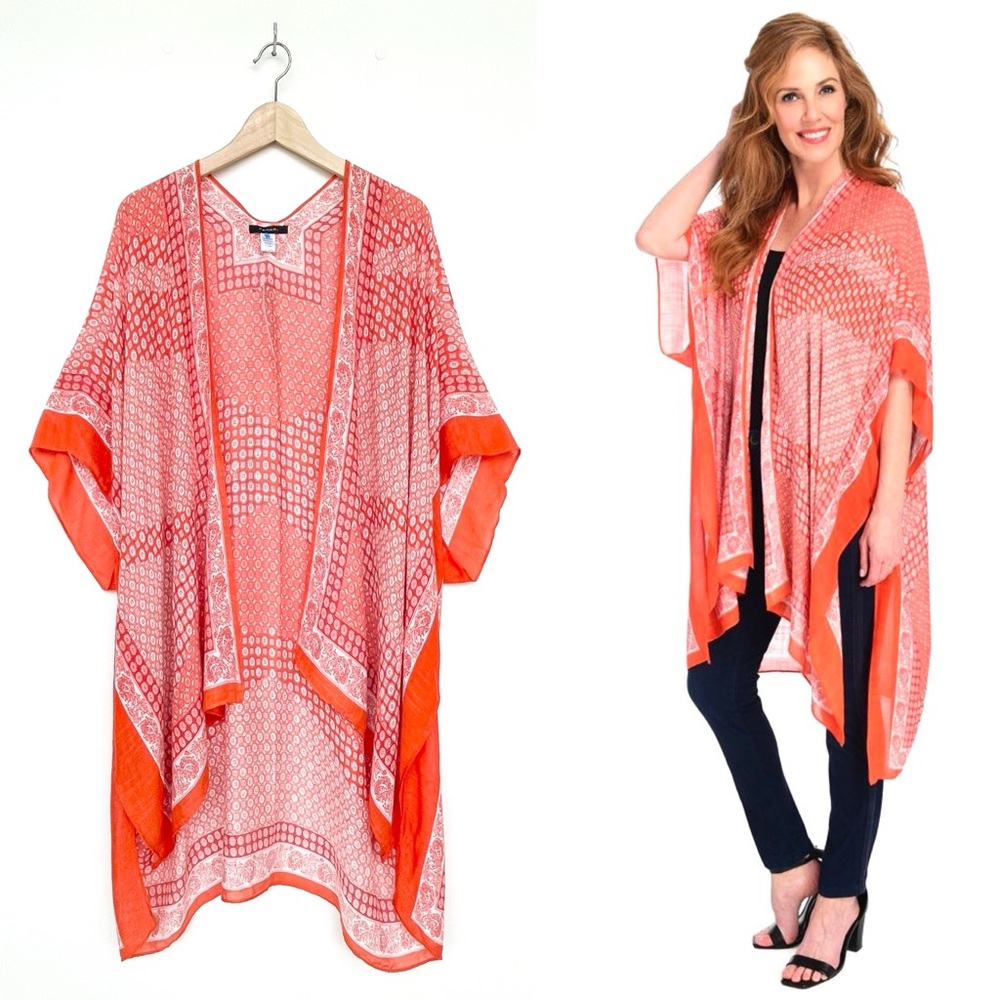 TAHARI Wrap Boho Kimono Cover-Up Geo-Print Solid Border Open Front Light…